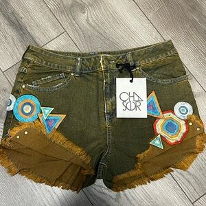 Chaser Olive Green Embroidered Fringe Women’s Shorts